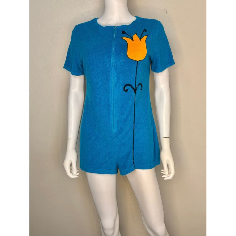 Vintage 1960s Aqua Terrycloth Romper, Orange Floral Appliqué, Size M/L, Zip Up - Picture 2 of 6